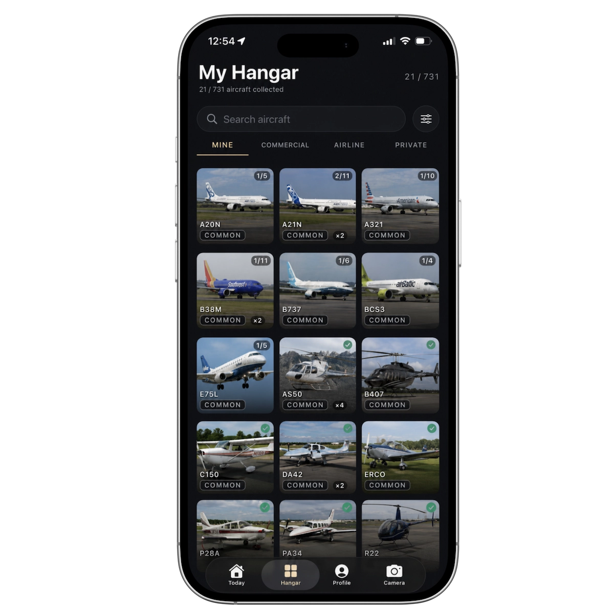The My Hangar collection grid in Only Planes, showing 21 of 731 aircraft collected