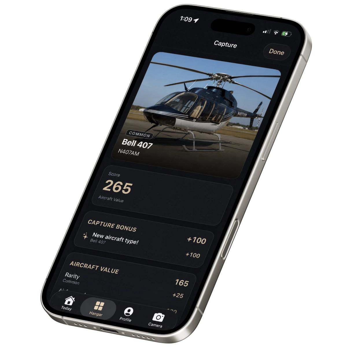 A captured Bell 407 helicopter shown in the Only Planes capture screen, scored 265
